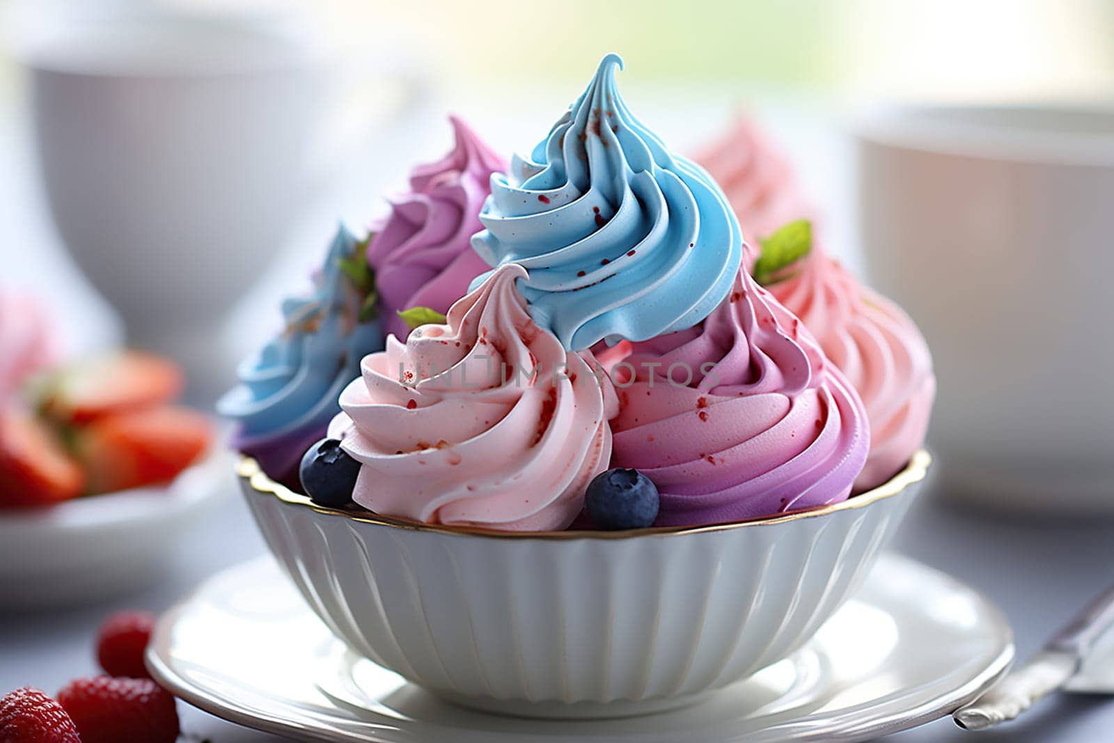 Small colorful meringues in a white dish. Candy bar. Generated by artificial intelligence