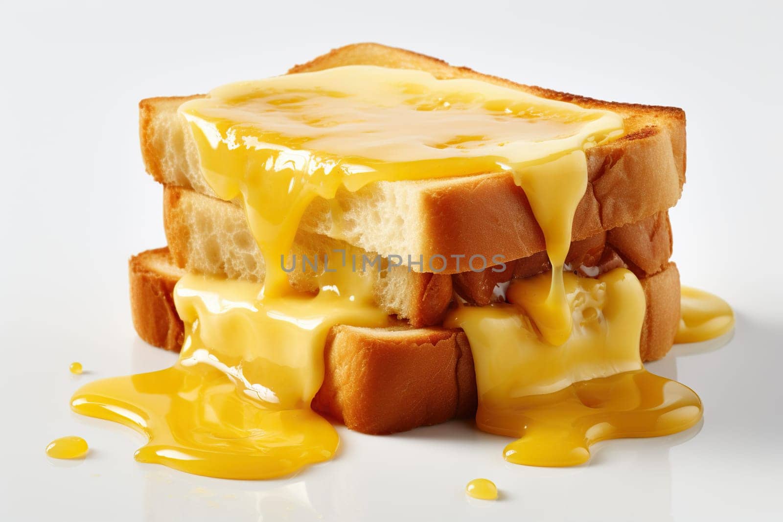 Toast with melted cheese on white background. Generated by artificial intelligence