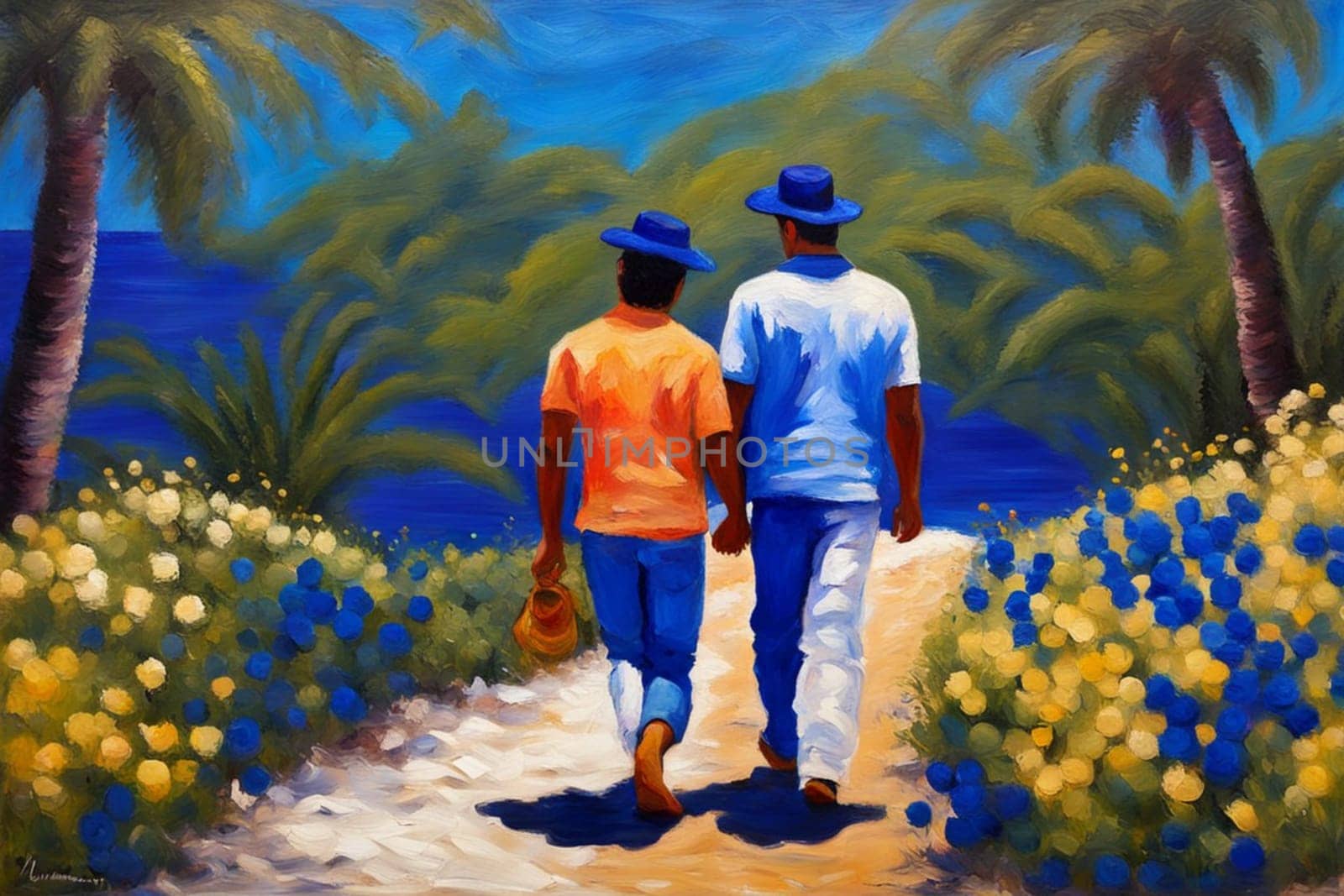 gay loving couple walking by hand in the beach, romantic open mixed race illustration by verbano