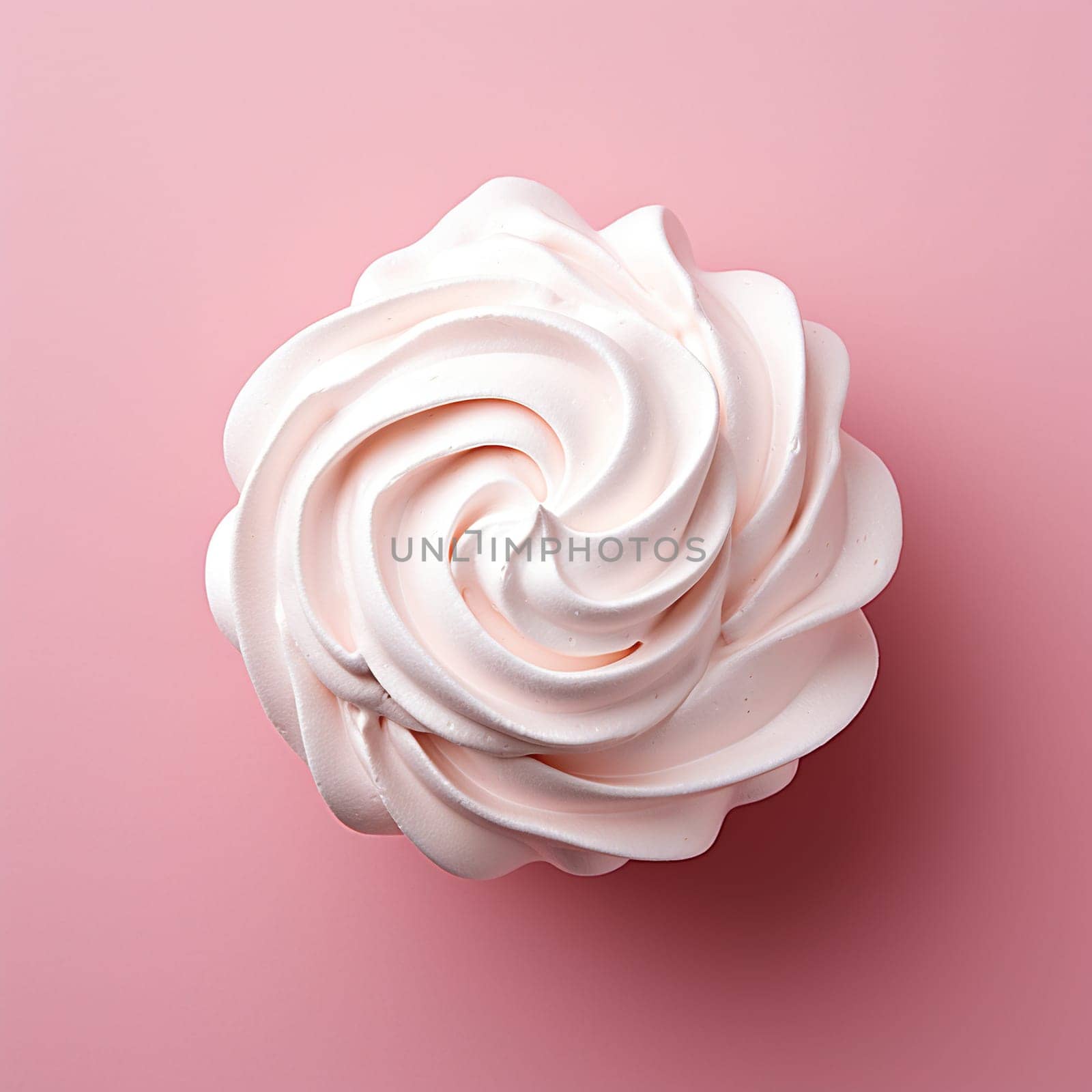 One meringue on a pink background close-up. View from above. Elegant meringue curls by Vovmar