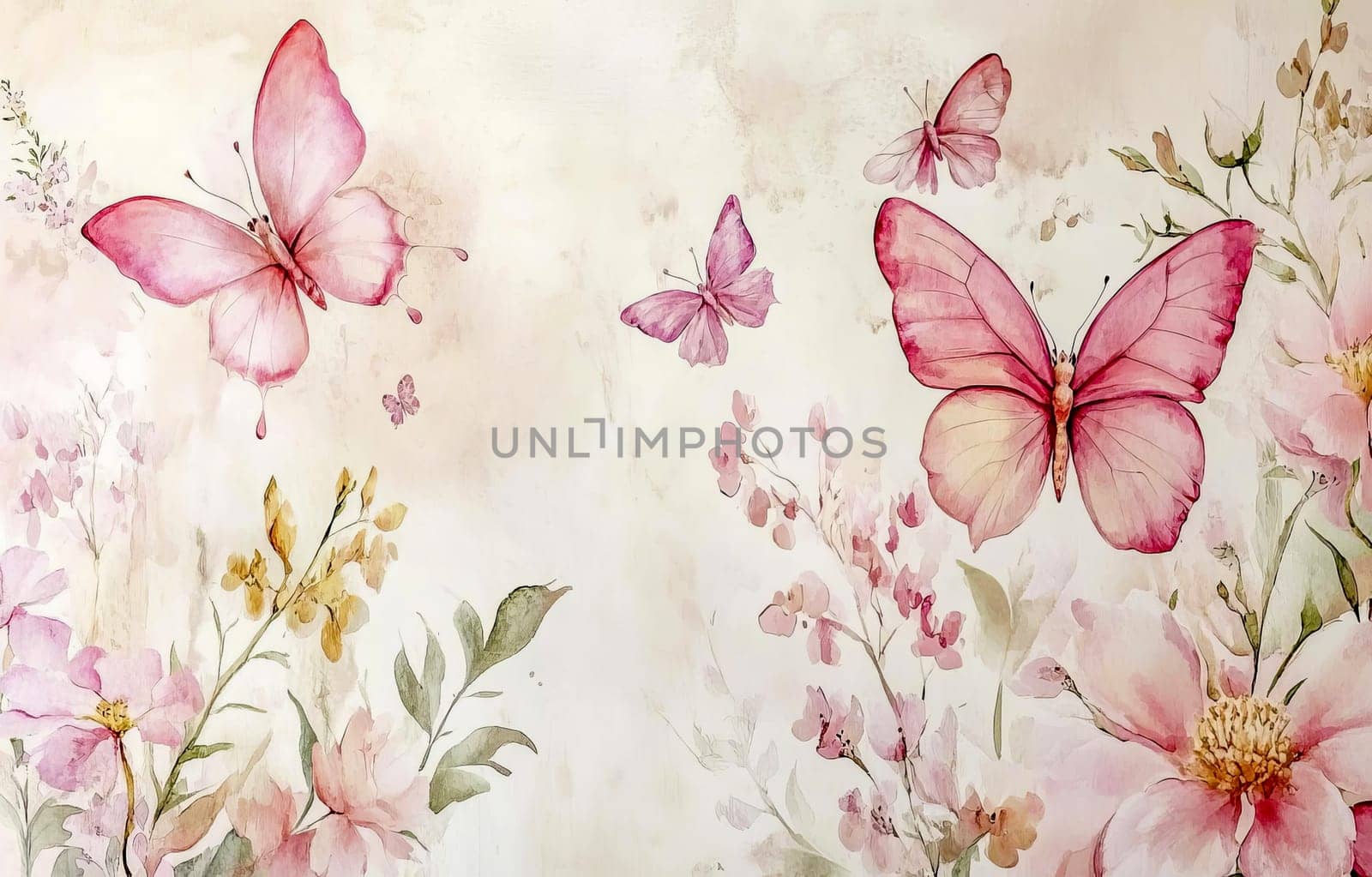 In watercolor style delicate butterflies in flight among flowering plants. Spring lightness and charm of nature. AI generated.