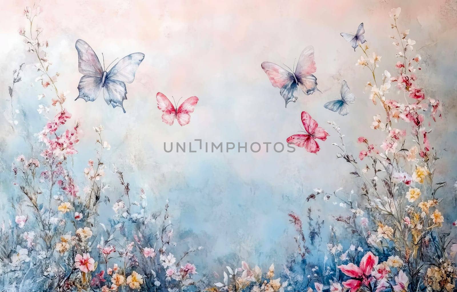 In watercolor style delicate butterflies in flight among flowering plants. Spring lightness and charm of nature. AI generated.