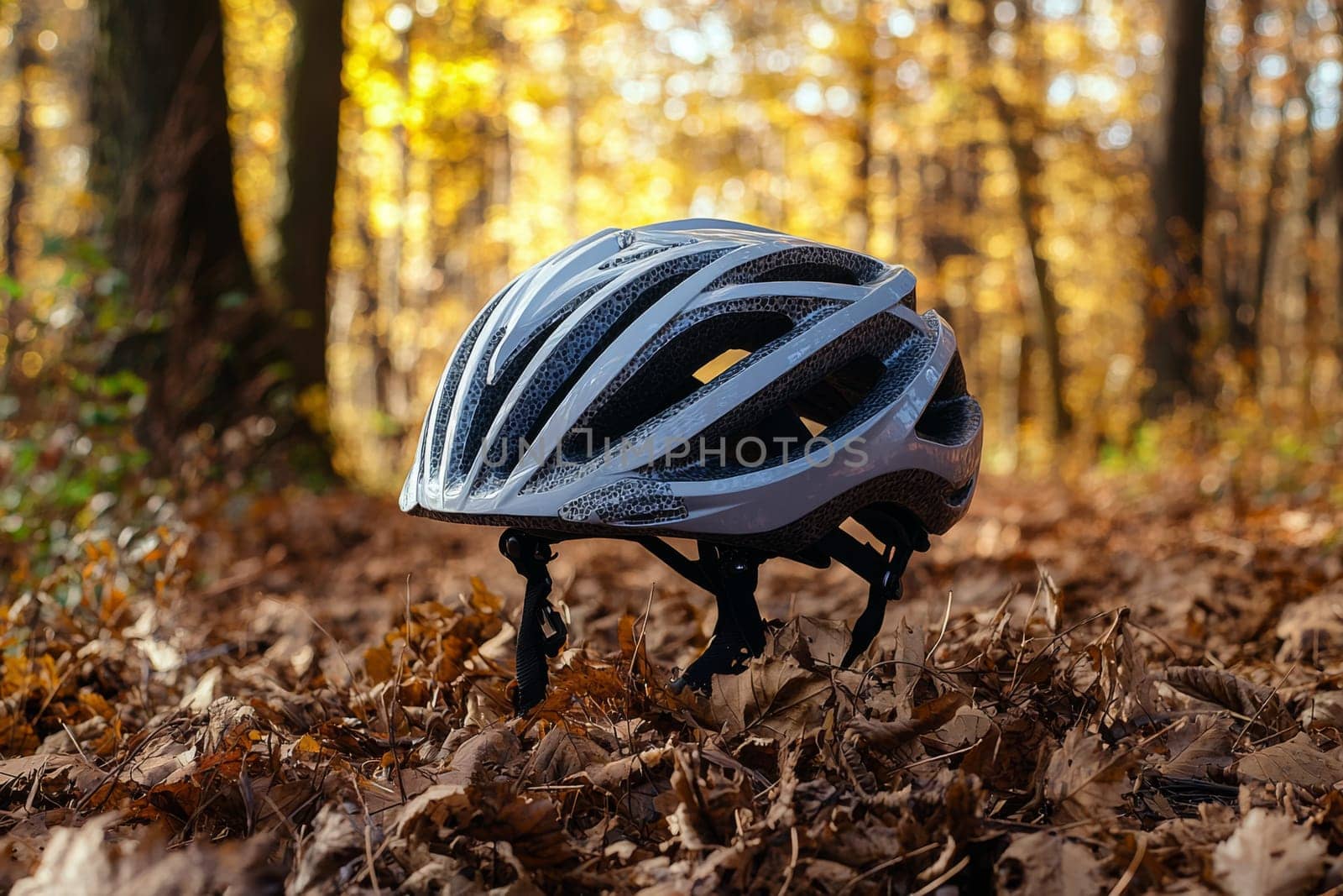 A black and white bicycle helmet sits among colorful fallen leaves in the forest.