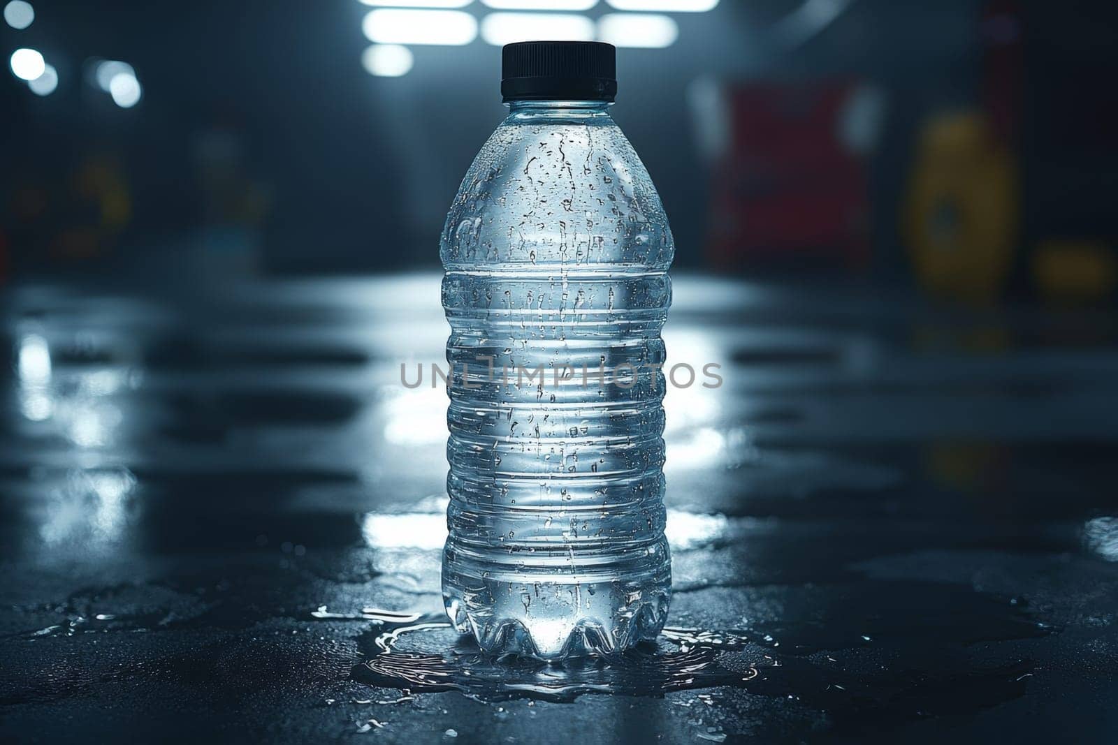 A clear water bottle stands upright on a wet surface, showcasing droplets and a moody backdrop.