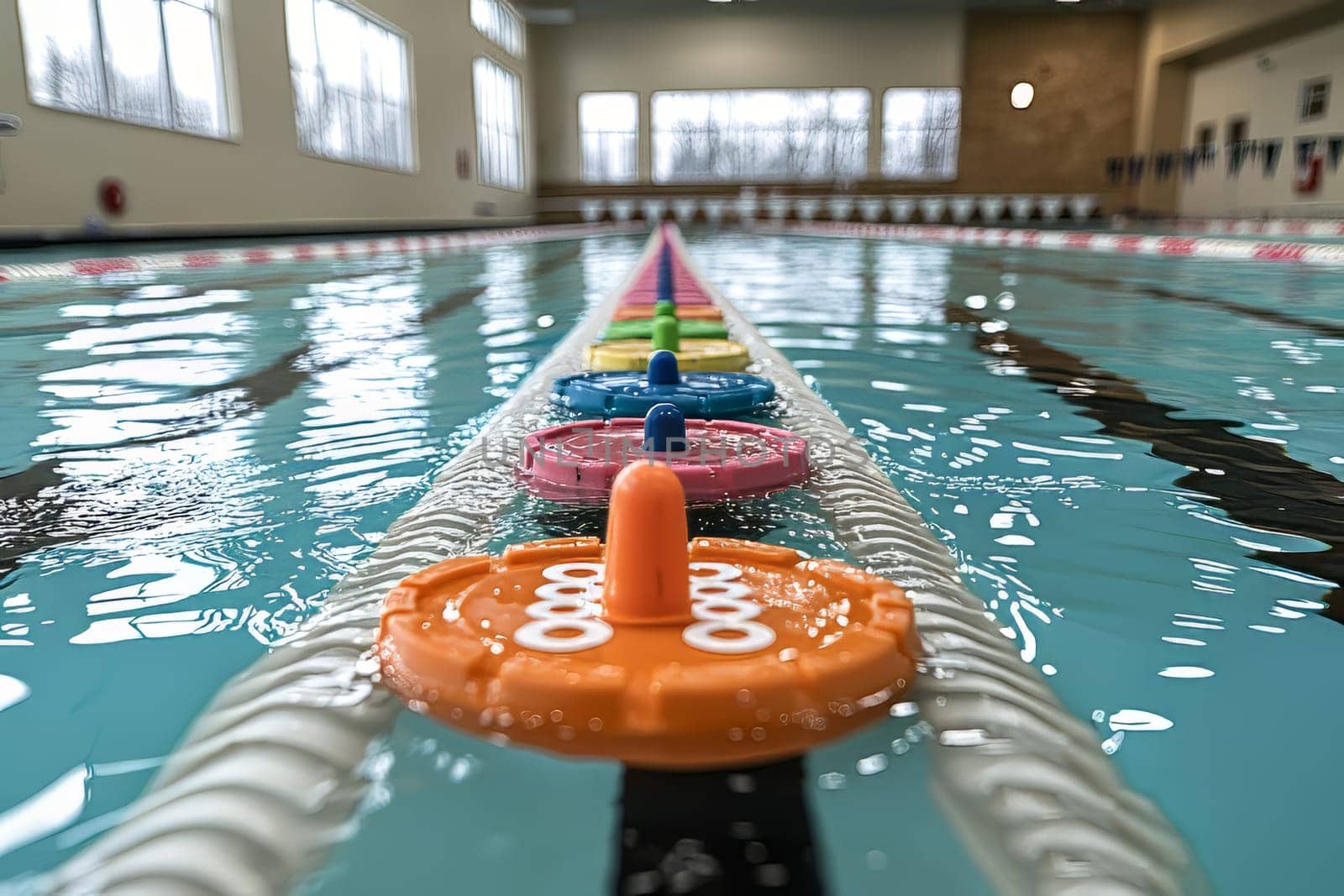 Brightly colored lane markers float on top of clear water in an indoor pool setting.