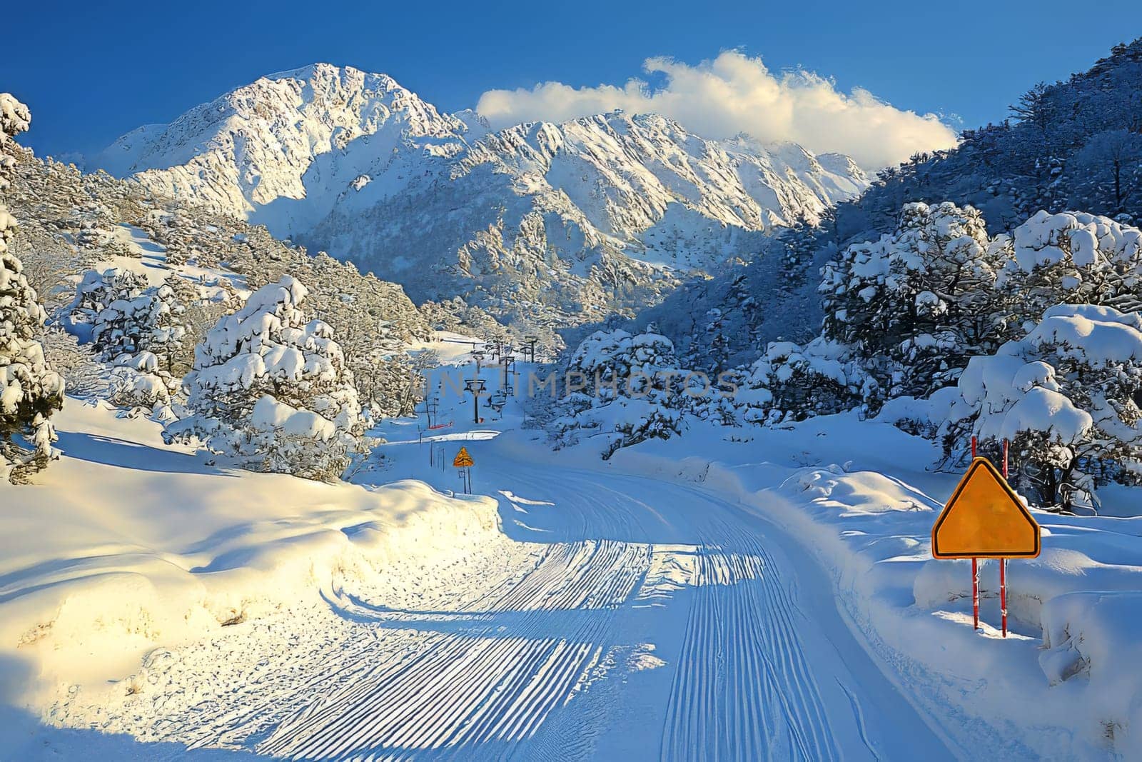Beautiful snowy mountain backdrop with a ski slope and bright blue skies above.