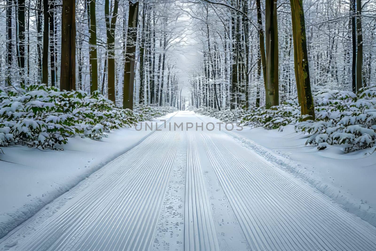 Snow-covered path winds through tall trees in a tranquil winter forest.