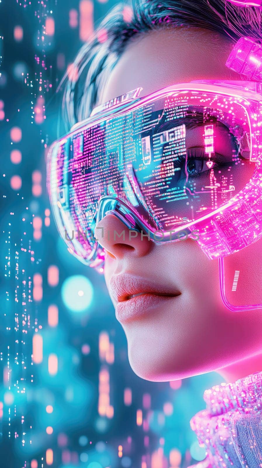 A woman with sleek hair wears augmented reality glasses that display glowing digital information. The background is filled with colorful, flowing data patterns, creating a tech-forward atmosphere.