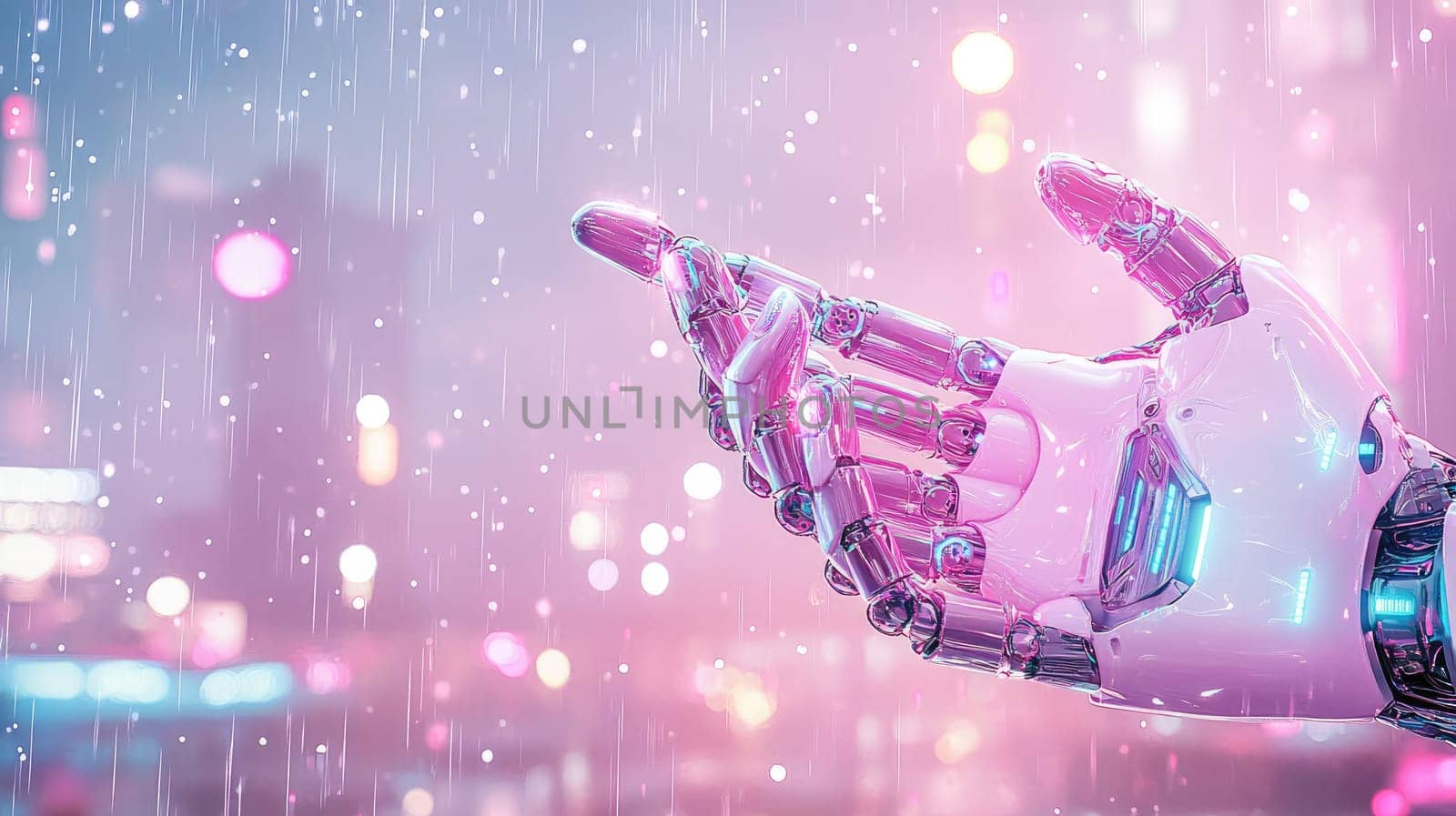 A metallic robotic hand extends into a vibrant urban environment illuminated by colorful lights and falling rain. The atmosphere feels futuristic and surreal.