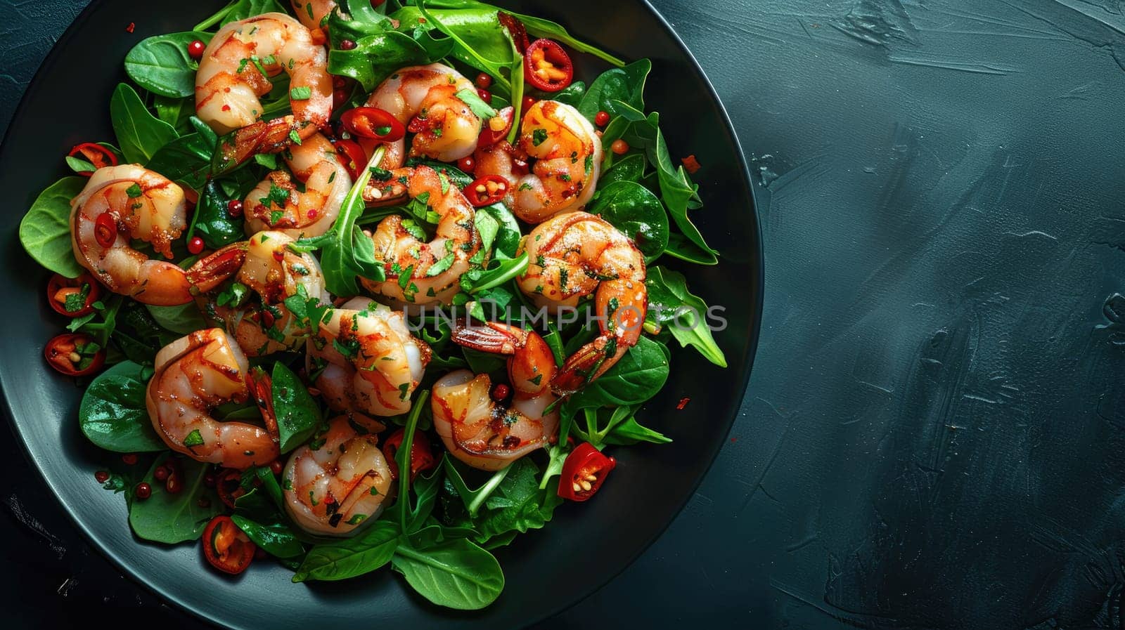 A vibrant salad featuring grilled shrimp atop a bed of fresh spinach and herbs, garnished with red chili peppers for a spicy kick. It's served in a black bowl against a dark background.