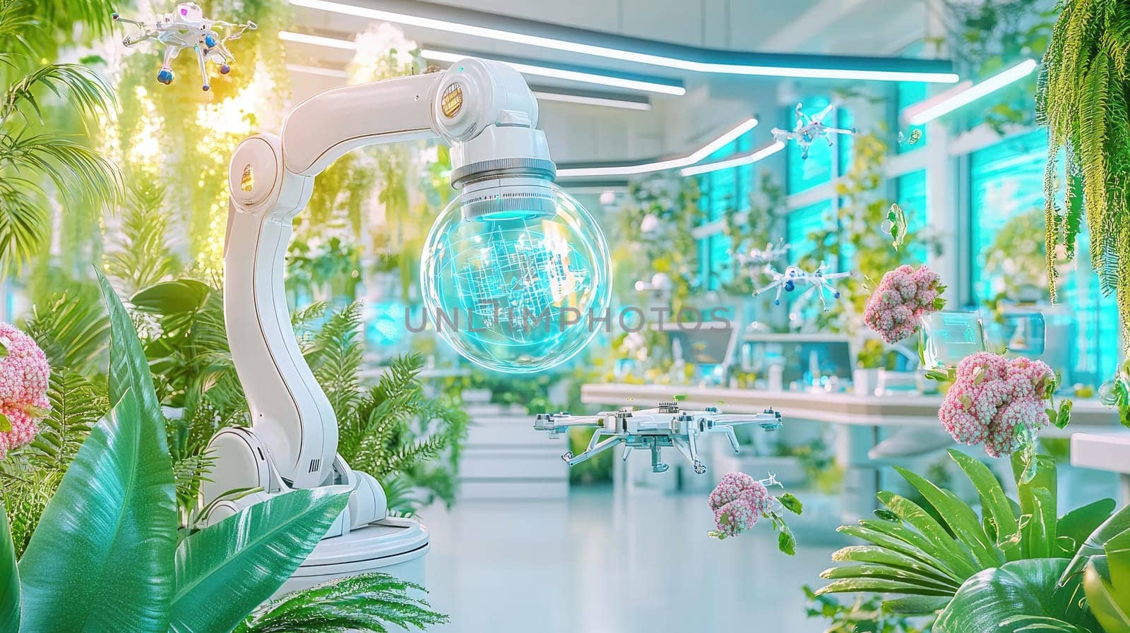 In a vibrant laboratory filled with greenery, a robotic arm delicately handles technology while a drone hovers nearby, creating a futuristic atmosphere of innovation and nature.