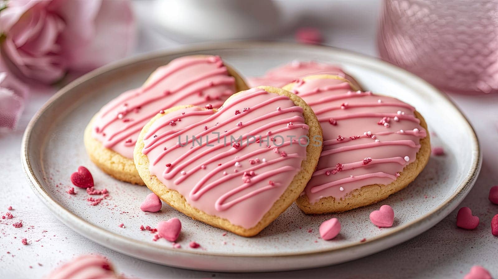 A plate holds beautifully decorated heart-shaped cookies with pink icing and sprinkles, surrounded by soft pastel tones, perfect for a celebration or special event.