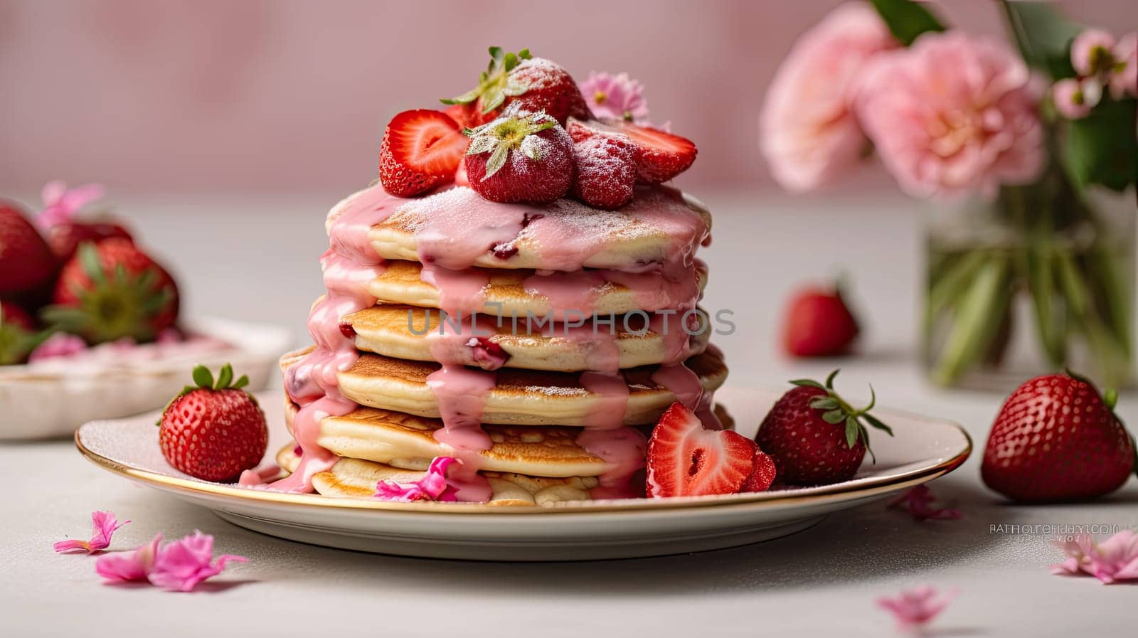 A tall stack of fluffy pancakes is elegantly drizzled with pink icing and garnished with fresh strawberries. Colorful flowers surround the plate, adding a vibrant touch to the presentation.