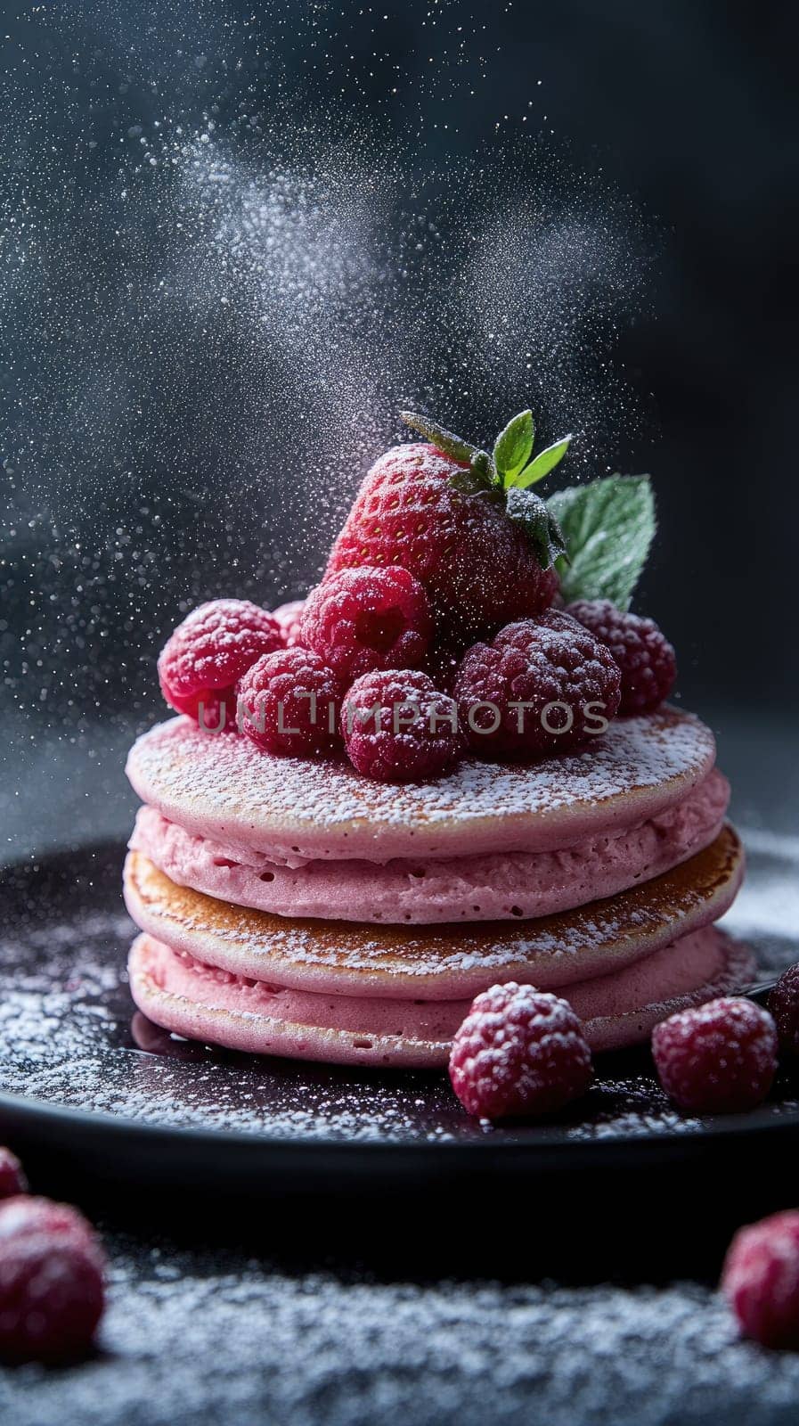 Fluffy pink pancakes are stacked high, adorned with vibrant raspberries and a single strawberry, elegantly dusted with powdered sugar that creates a delightful presentation.