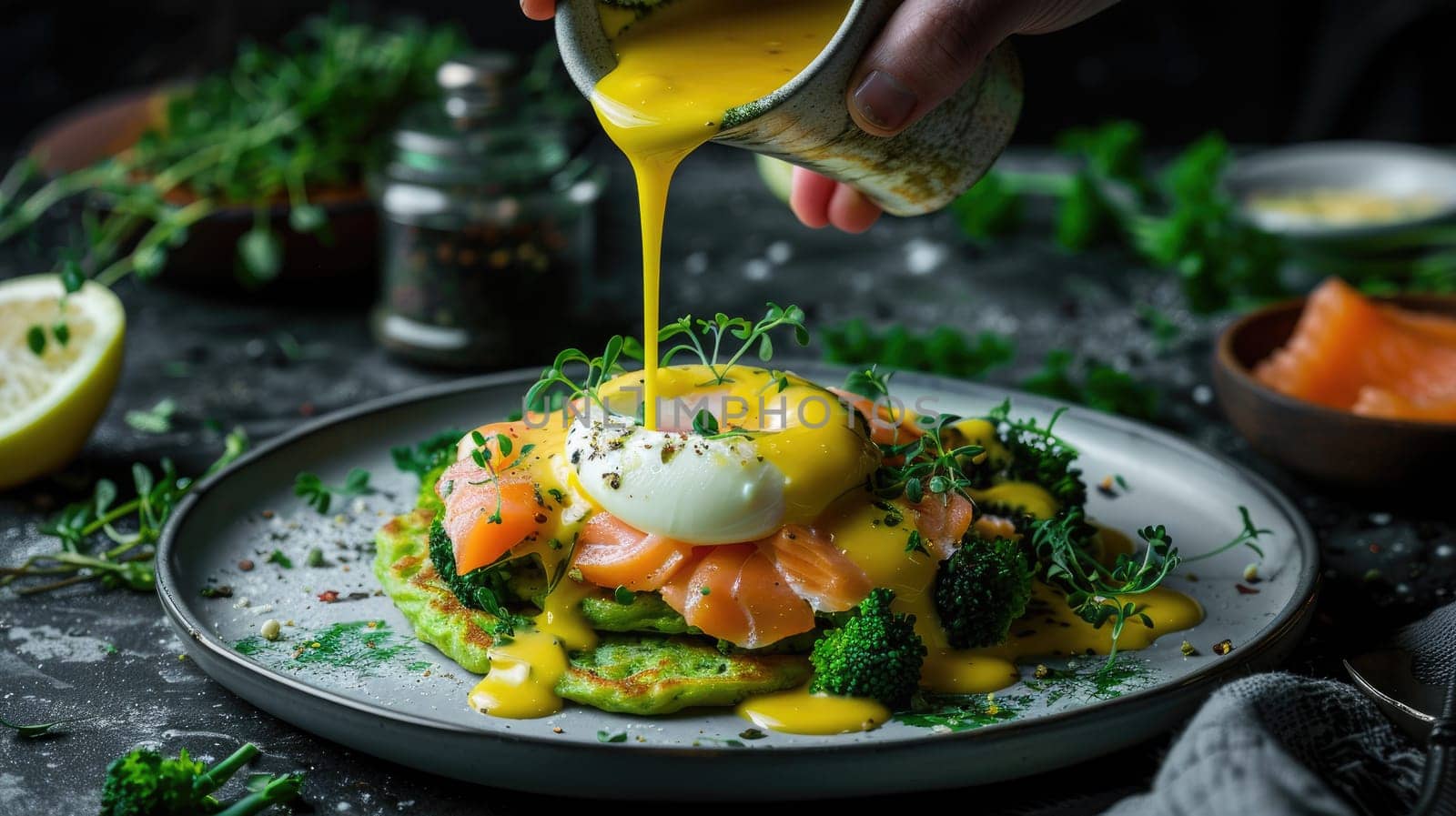 A hand pours rich hollandaise sauce over a colorful plate of poached eggs, smoked salmon, and fresh greens, creating a delightful brunch experience.