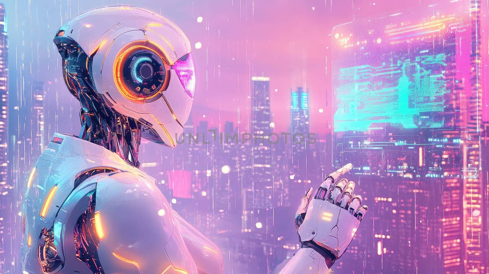 A humanoid robot stands in a neon-lit urban environment, engaging with a holographic interface. The backdrop features towering skyscrapers and a rainy atmosphere, enhancing the high-tech vibe.