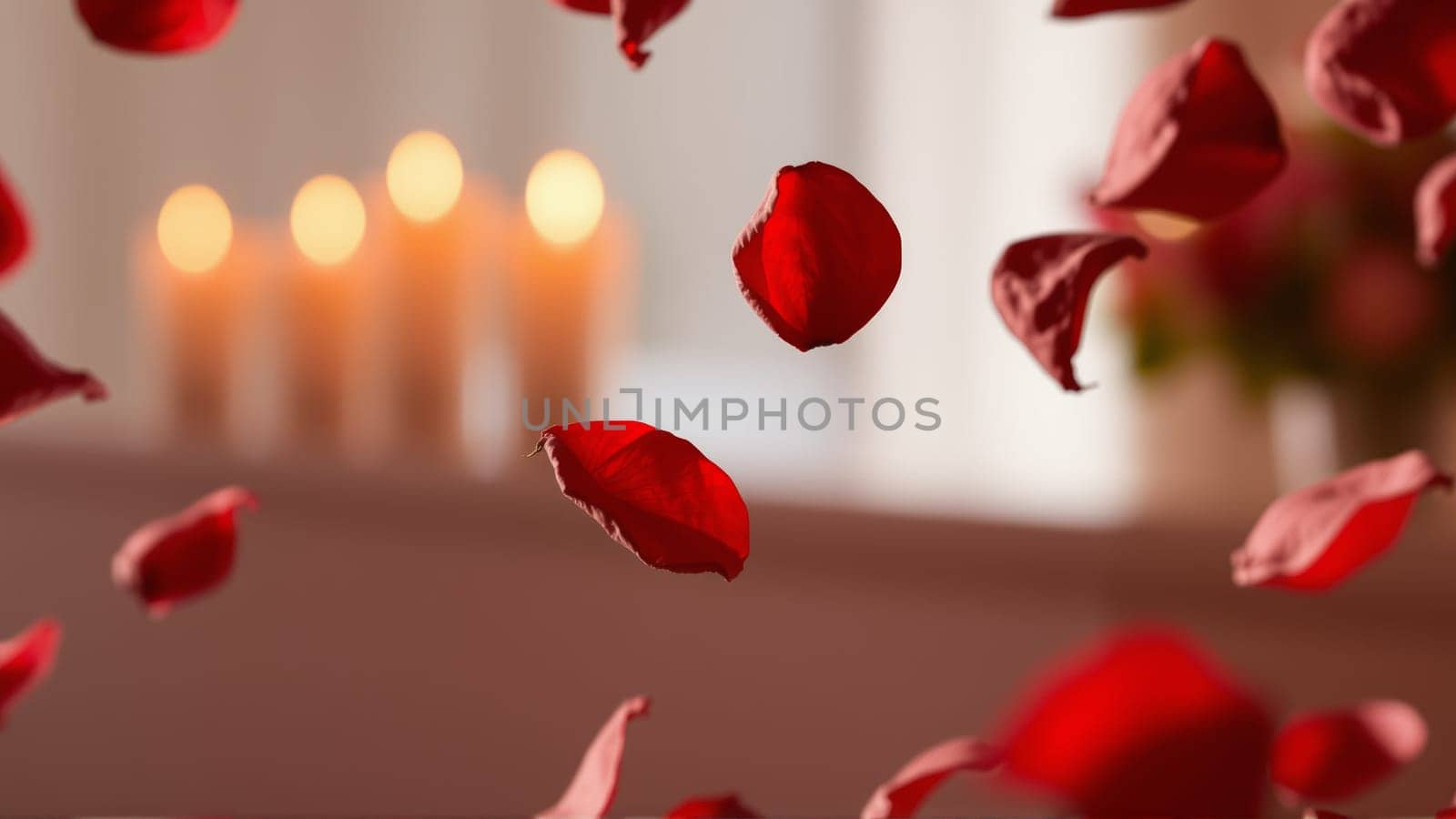 Rose petals falling down against the background of burning candles. High quality photo
