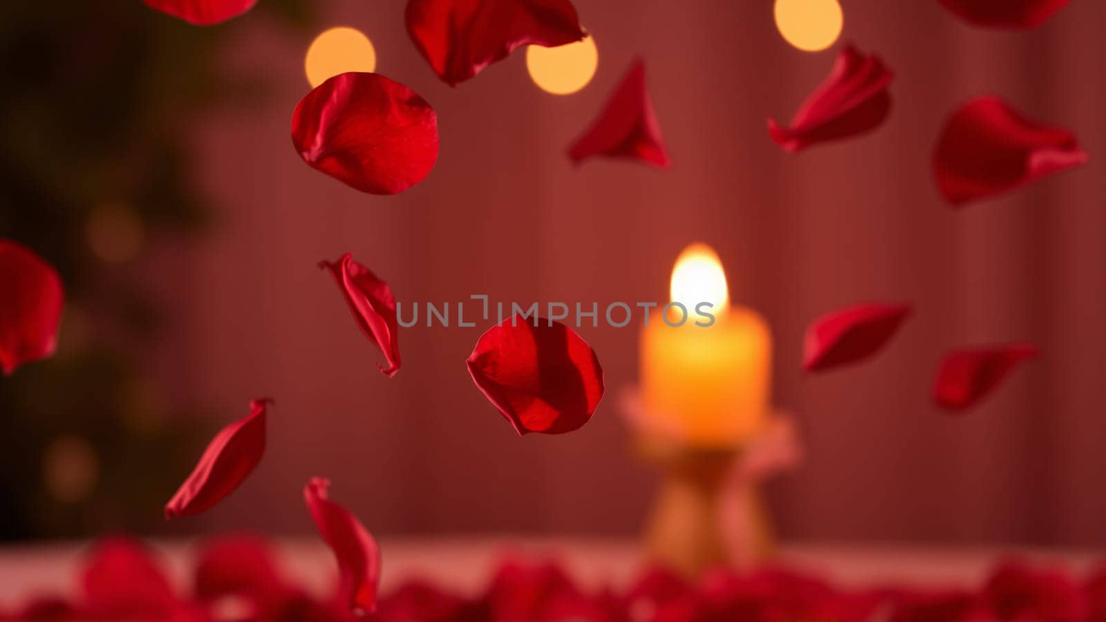 Rose petals falling down against the background of burning candles. High quality photo