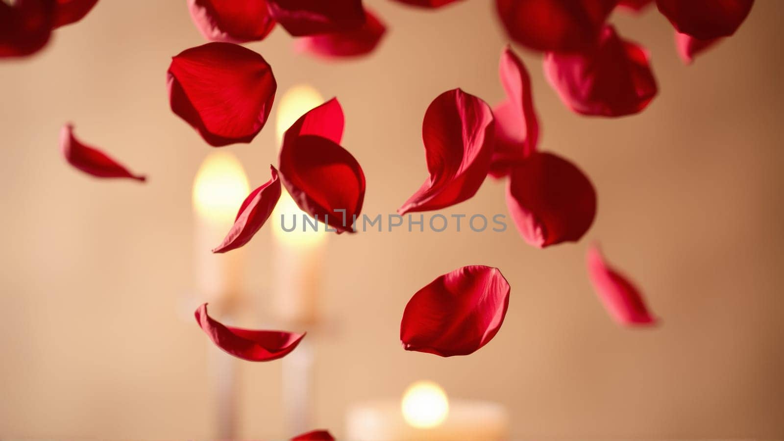 Rose petals falling down against the background of burning candles. High quality photo