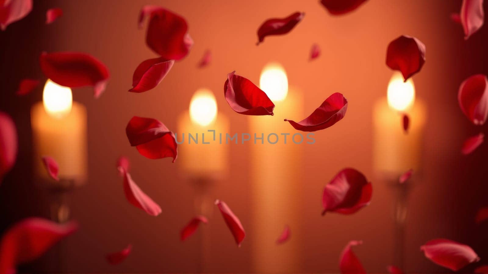 Rose petals falling down against the background of burning candles. High quality photo