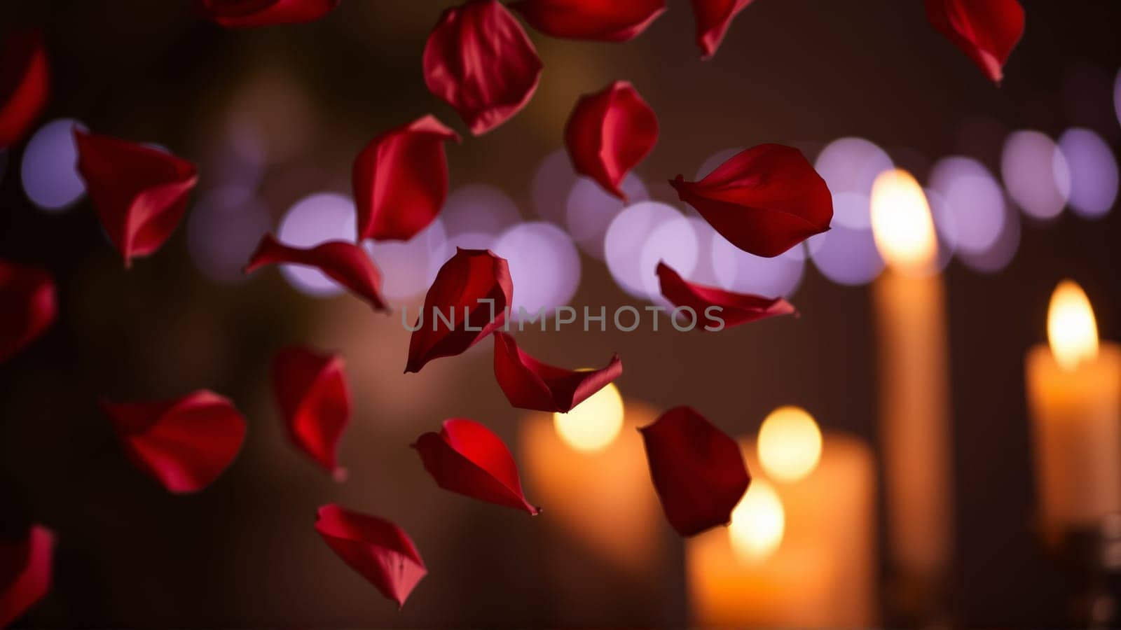 Rose petals falling down against the background of burning candles. High quality photo
