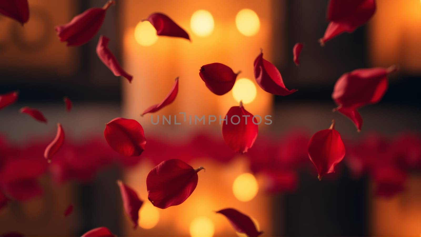Rose petals falling down against the background of burning candles. High quality photo