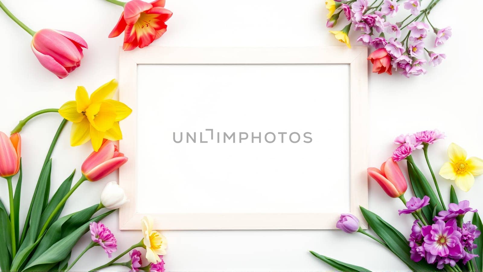 Frame surrounded by spring flowers. High quality photo