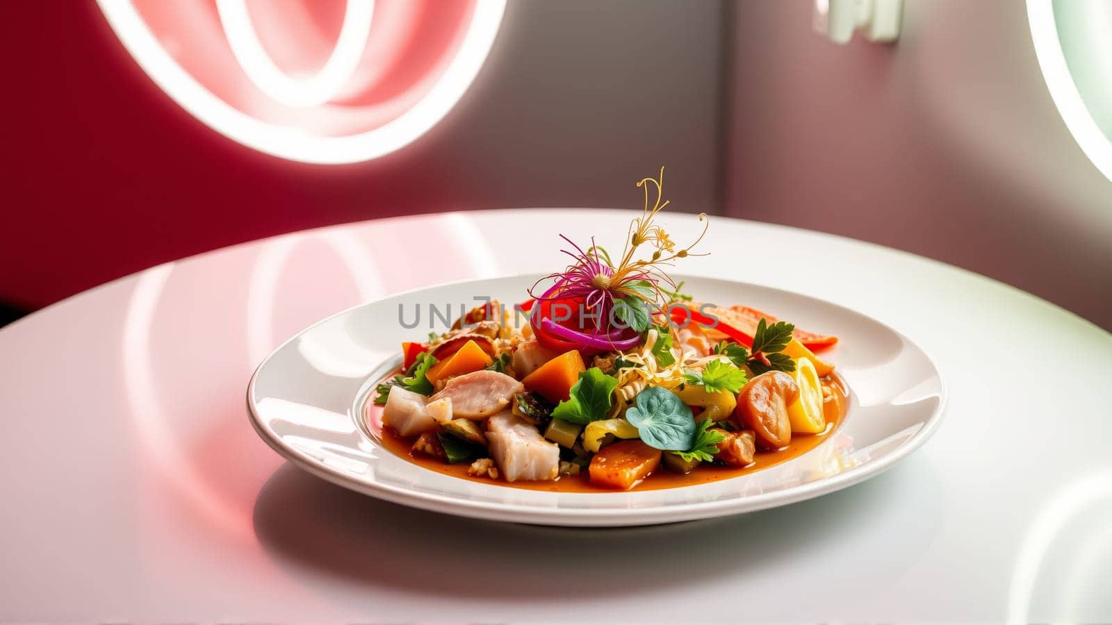 Plate with Pan-Asian food in neon light. High quality photo