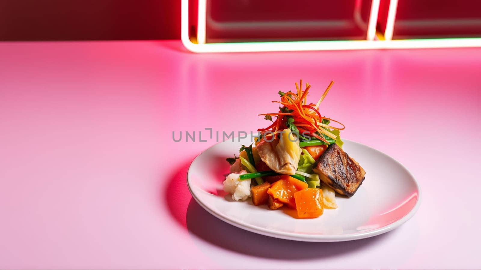 Plate with Pan-Asian food in neon light. High quality photo