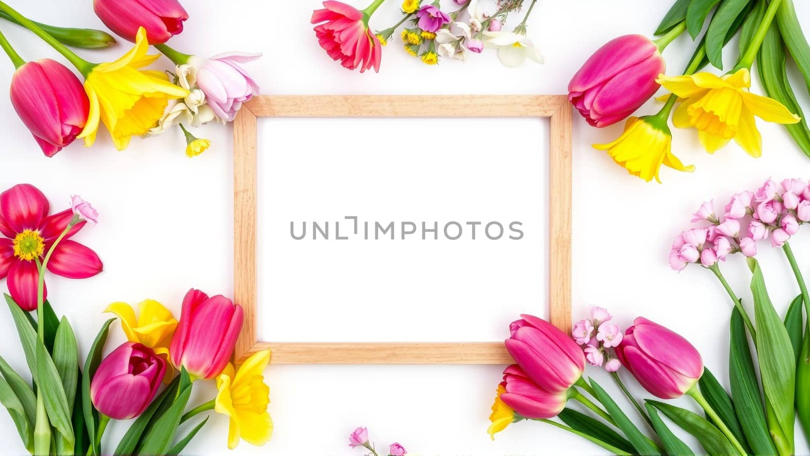 Frame surrounded by spring flowers. High quality photo