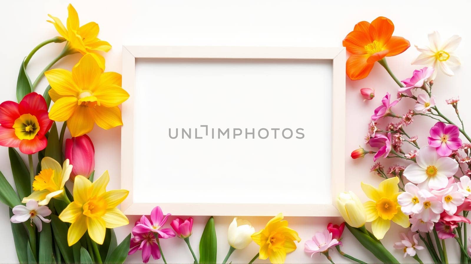 Frame surrounded by spring flowers. High quality photo