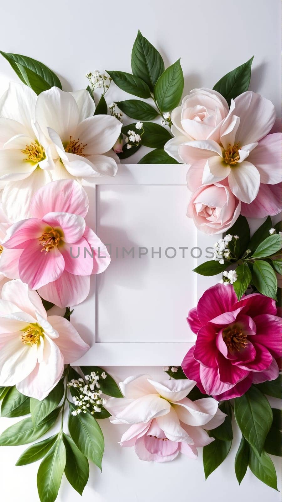 Frame surrounded by spring flowers. High quality photo