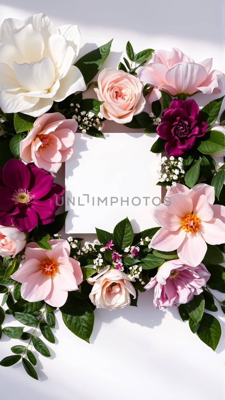 Frame surrounded by spring flowers. High quality photo