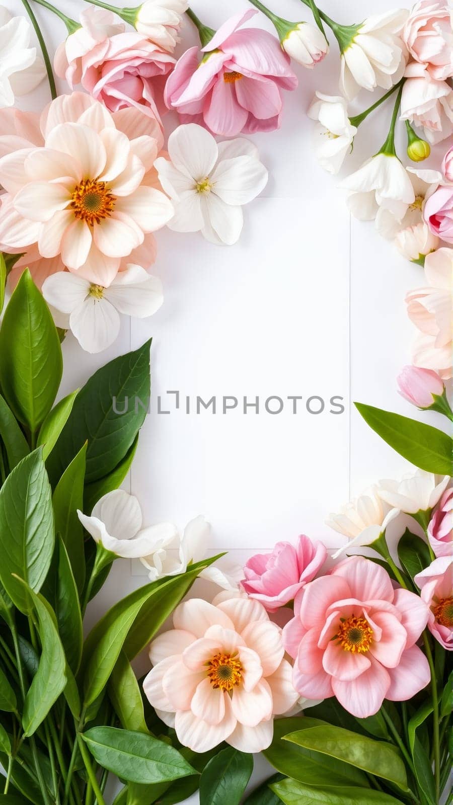 Frame surrounded by spring flowers. High quality photo