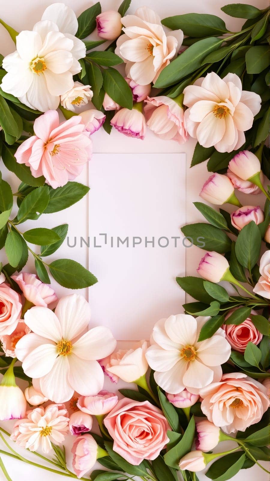 Frame surrounded by spring flowers. High quality photo