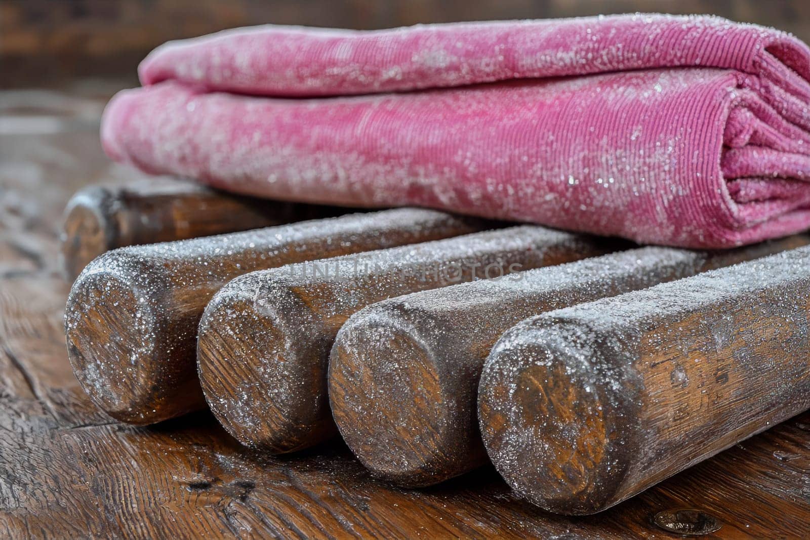Flour-dusted rolling pins rest on a wooden surface beside a folded pink cloth.