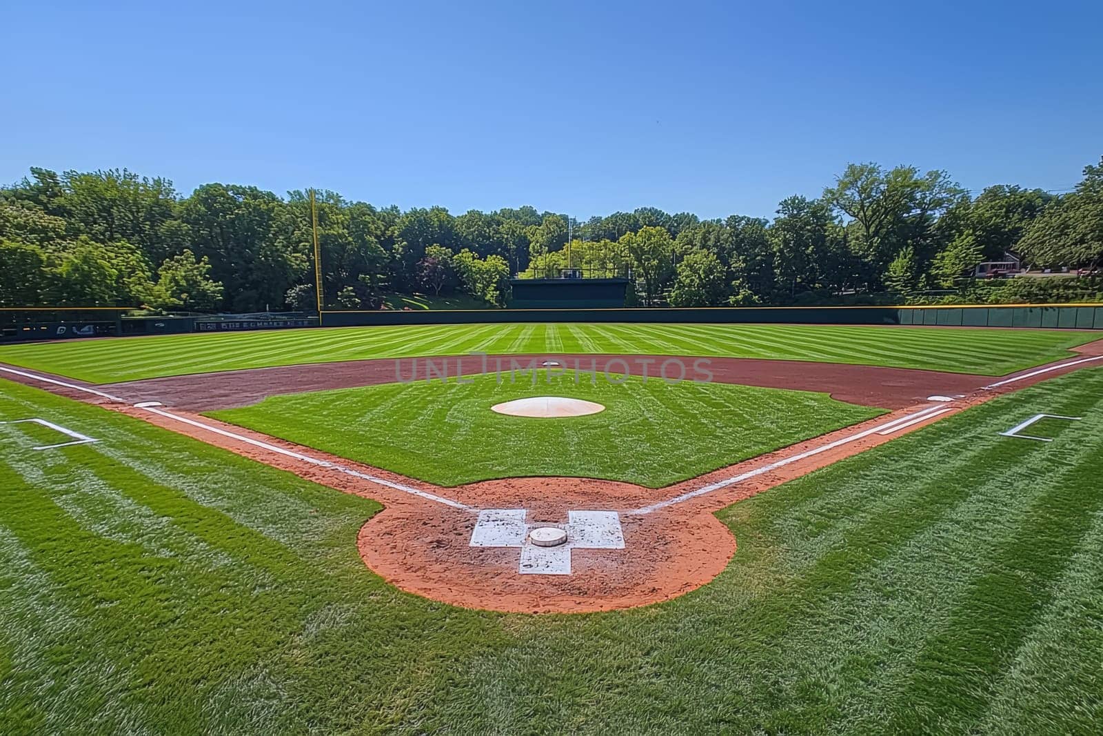 A pristine baseball field featuring a well-maintained infield and outfield surrounded by trees.