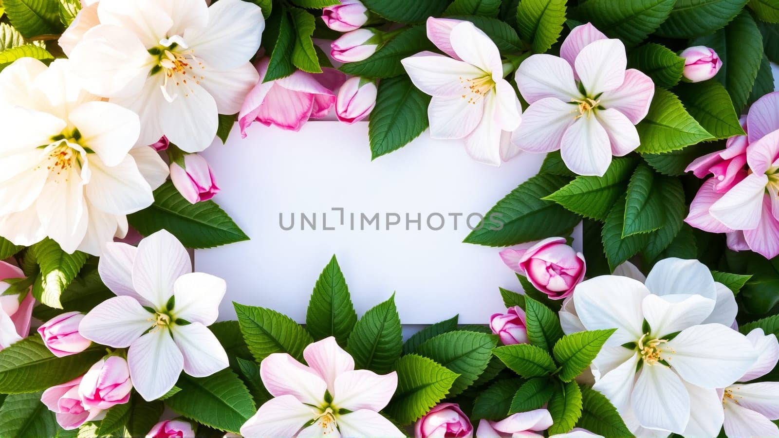 Frame surrounded by spring flowers. High quality photo