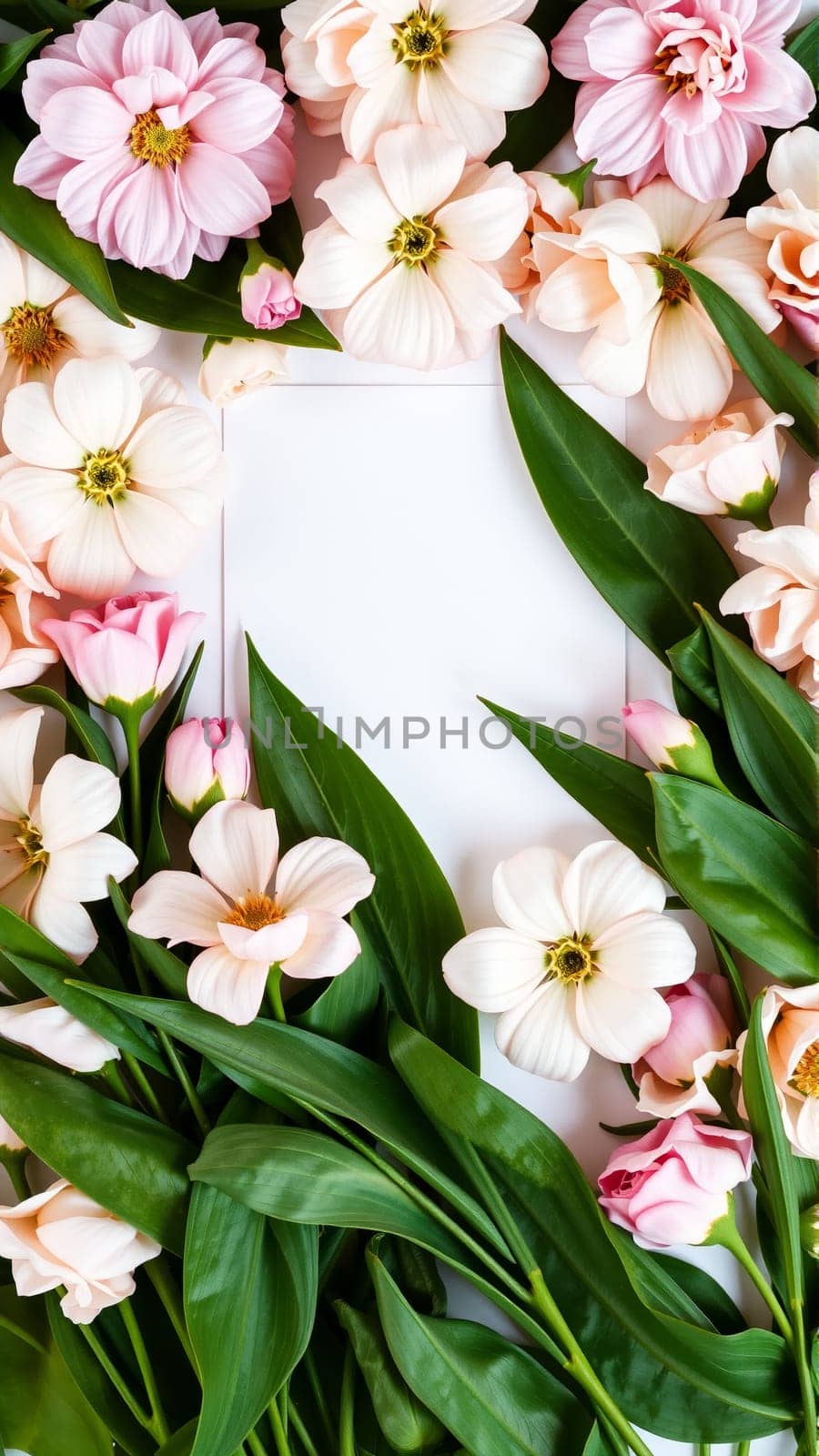 Frame surrounded by spring flowers. High quality photo
