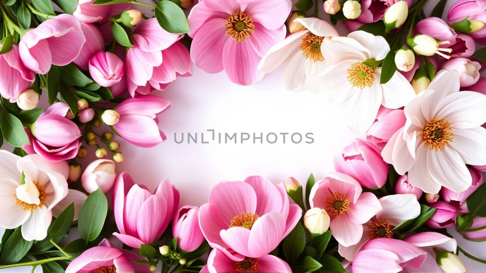 Frame surrounded by spring flowers. High quality photo