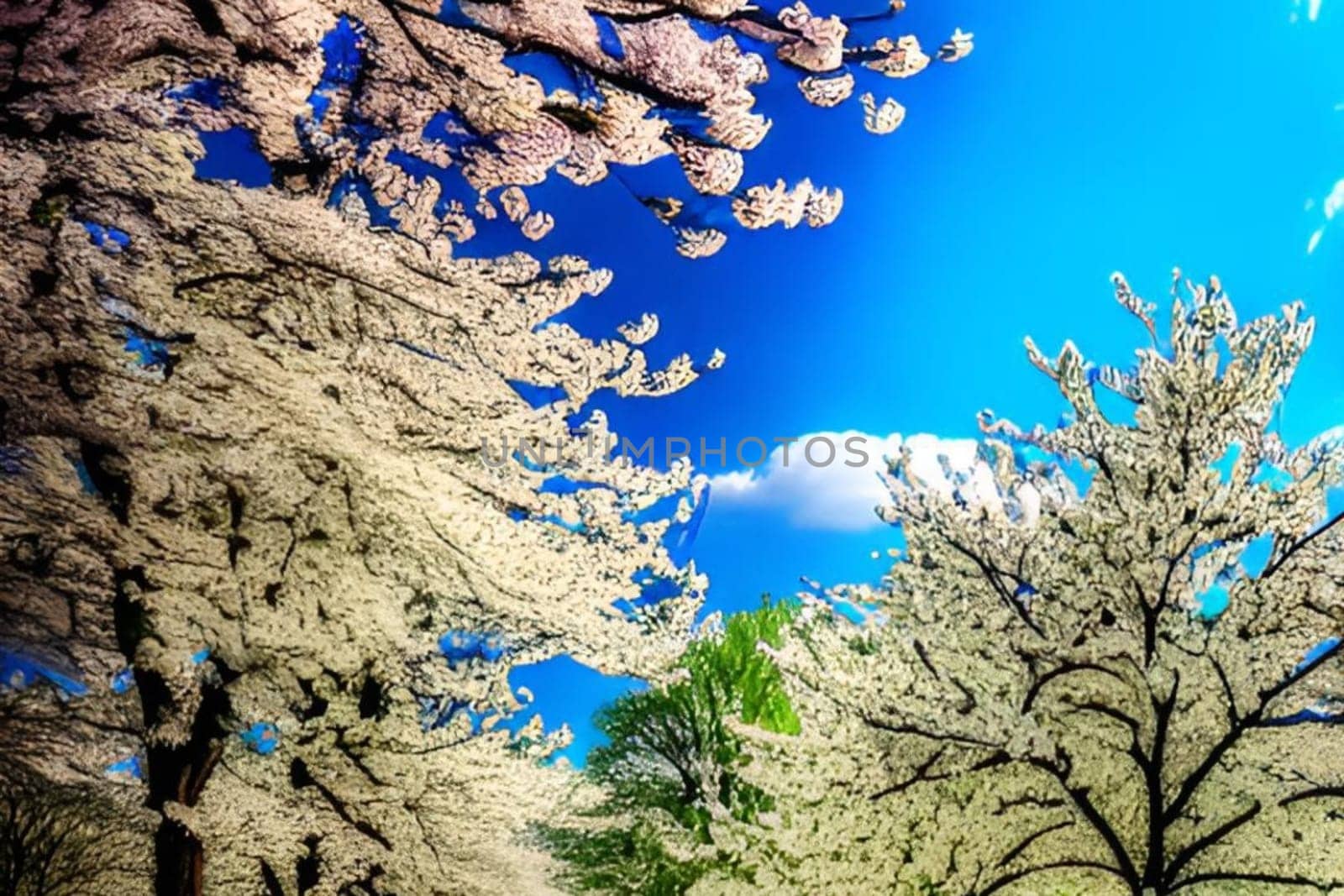 spring flowers trees blue sky nature bright colors flora alt illustration card season march. High quality 3d illustration