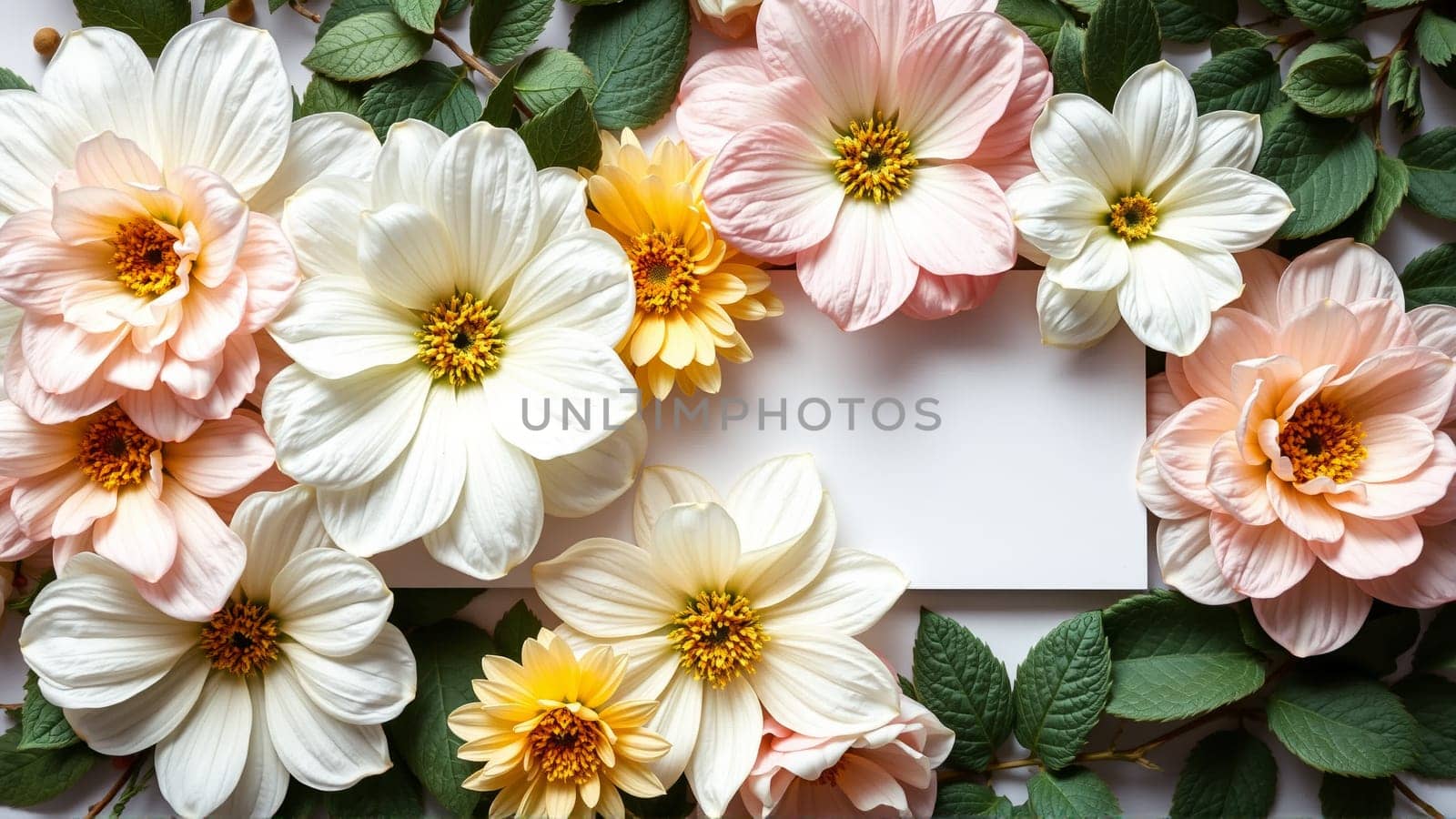 Frame surrounded by spring flowers. High quality photo