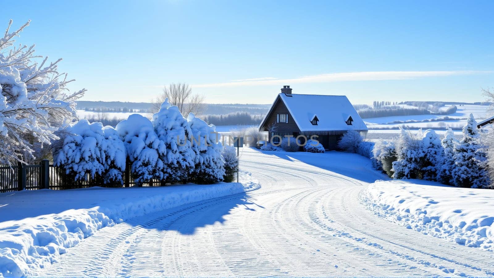 Village house, countryside covered with snow. High quality photo