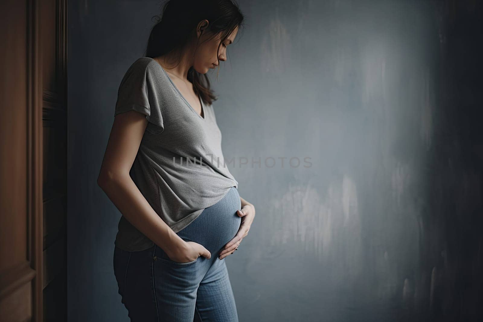 Sad lonely pregnant woman standing alone in the room. High quality photo