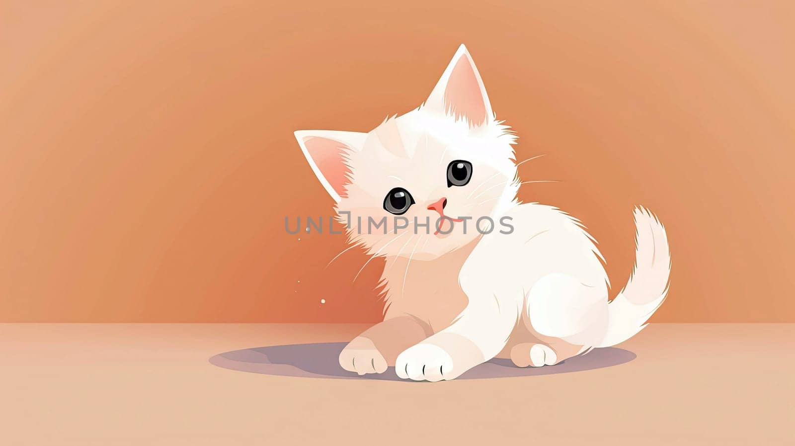 A fluffy white kitten with big eyes playfully interacts with its surroundings on a warm orange background, exuding charm and curiosity - Generative AI