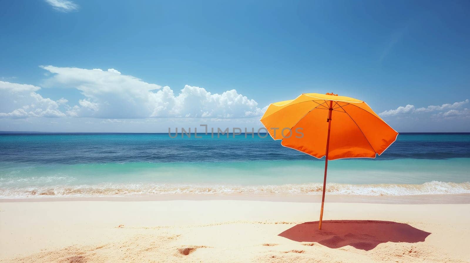 An orange umbrella stands alone on a pristine sandy beach, providing shade against the clear blue sky and tranquil ocean water on a sunny day - Summer holidays - Generative AI