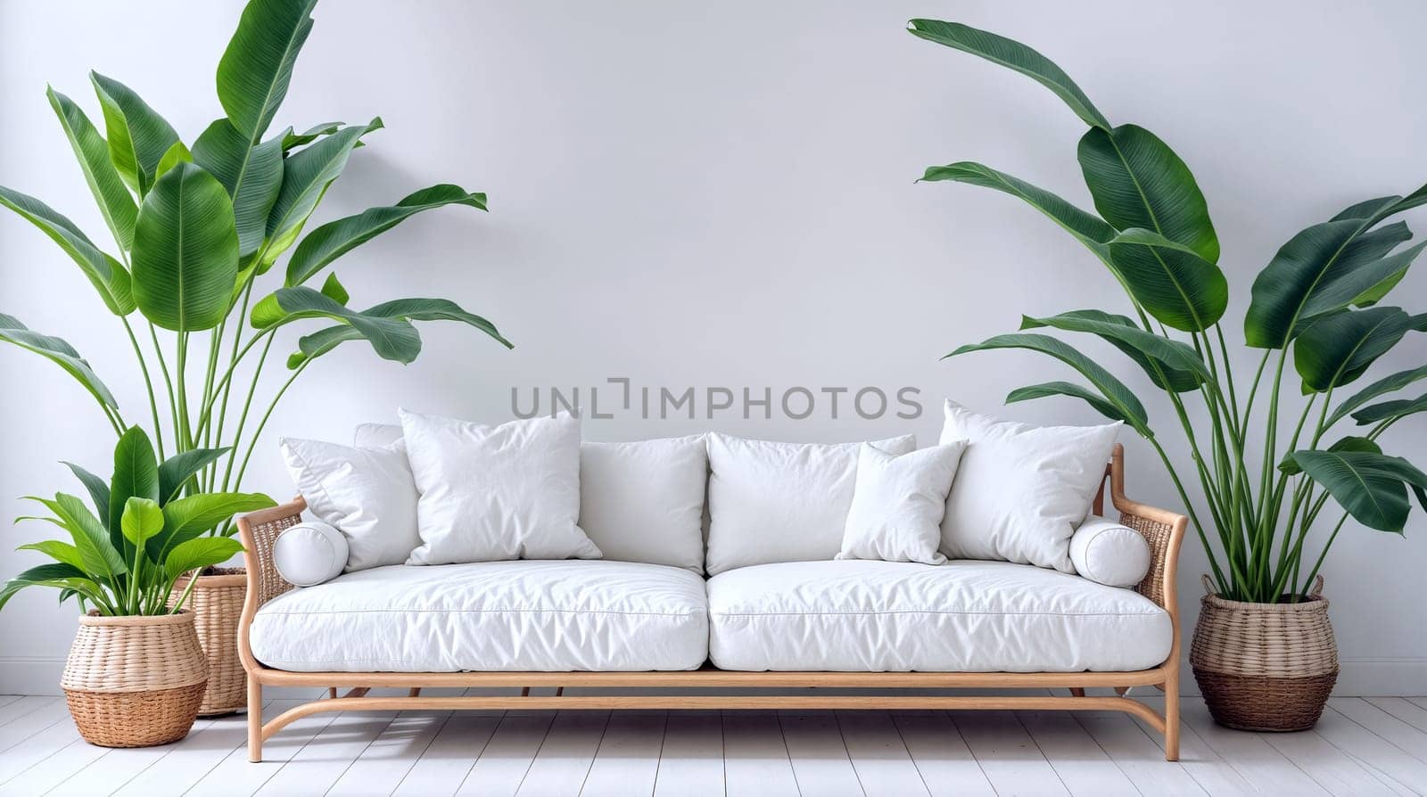 Bright and airy living space featuring a white couch with plush cushions, complemented by large green plants in woven pots, creating a refreshing atmosphere - Scandinavian style - Generative AI