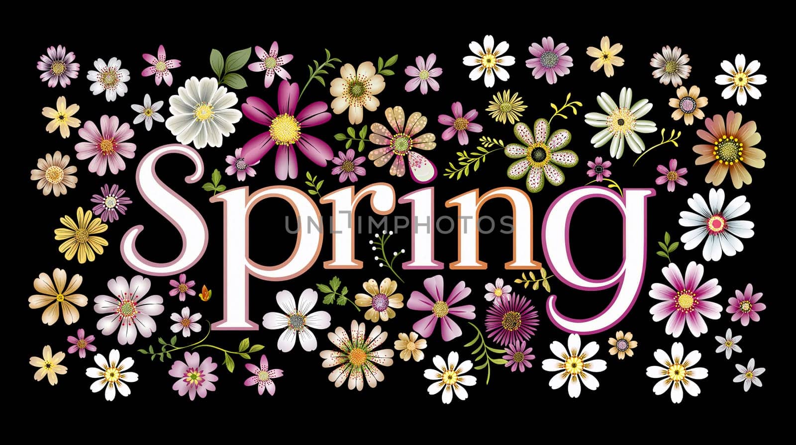 A vibrant display of various flowers surrounds the word Spring, showcasing an array of colors and delicate details, creating a cheerful atmosphere - Generative AI