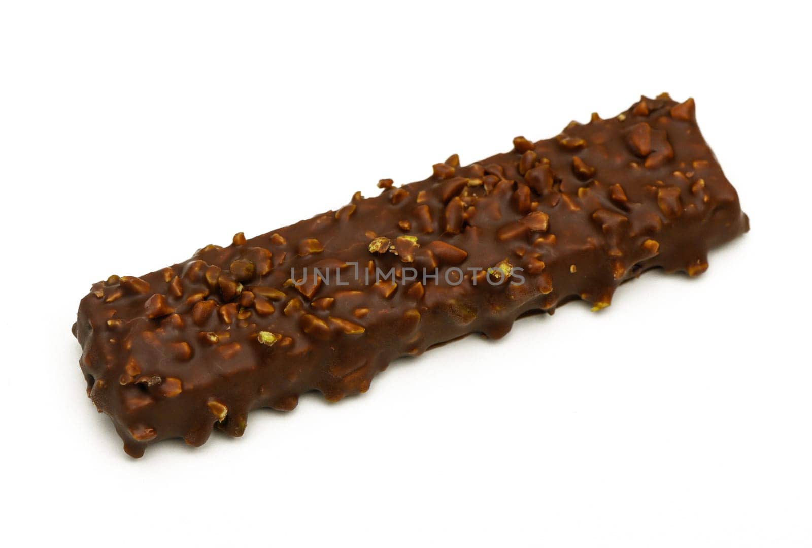This delectable chocolate bar features a smooth coating with savory nutty toppings, inviting indulgence and joy.