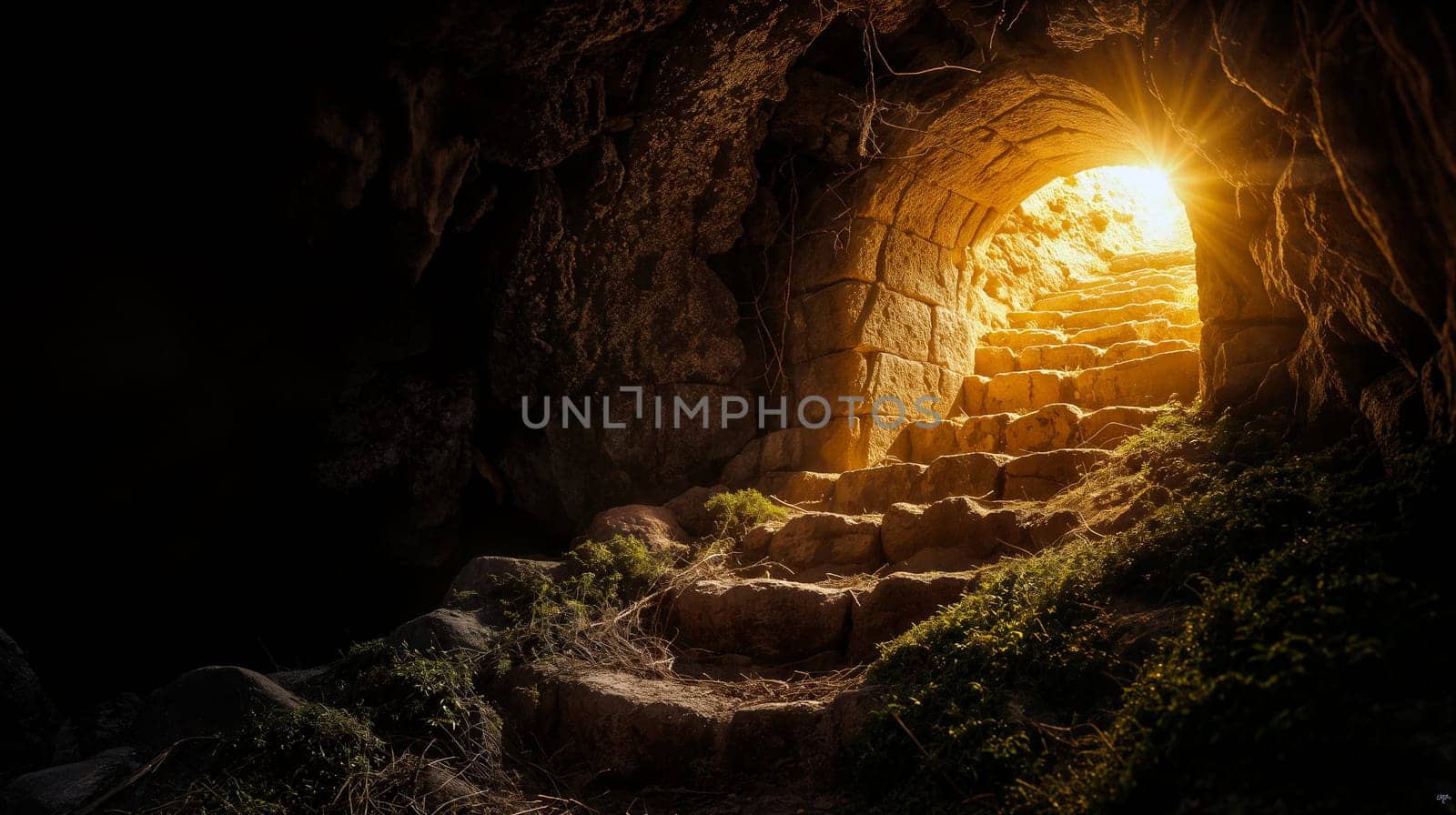 The warm golden light floods an ancient cave entrance, revealing worn stone steps. Moss covers the surrounding area, adding to the mystical allure of this secluded spot - Generative AI